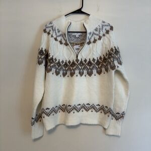 And Now This Fair Isle White Sweater Large 1/4 Zip Winter Cottagecore Cozy